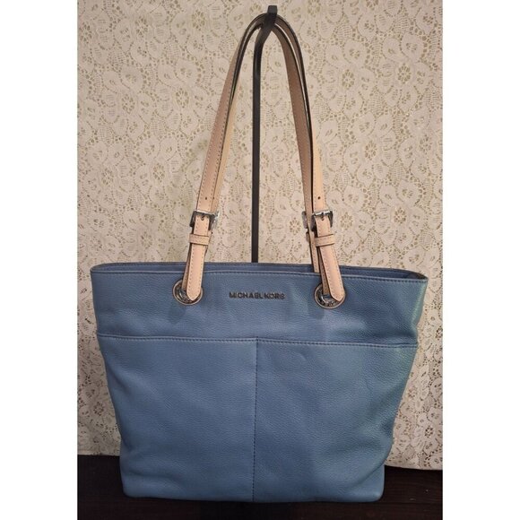 EUC Michael Kors Light Blue Leather Medium Top Zip Pocket Tote - Picture 1 of 6